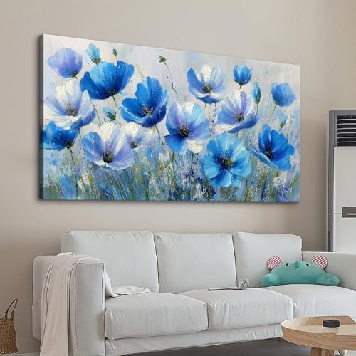 llribbons Blue Poppy Flower Canvas Wall Art Abstract Vivid Floral Prints Elegant Wildflower Pictures for Bedroom Living Room Office Home Decor Modern Artwork Framed Ready to Hang 20" x 40" - color: Blue, size: 20"L x 40"W