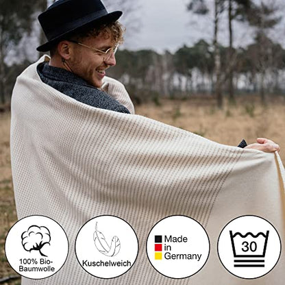 IBENA Salerno 100% Organic Cotton Cuddly Soft Jacquard Woven Ombre Throw Blanket (Beige) - color: Beige