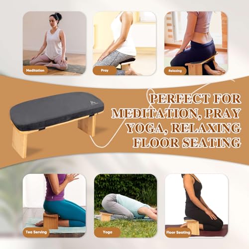 Meditation Bench with Cushion Foldable Ergonomic Bamboo Kneeling Stool Seiza Bench Wooden Meditation Stool Chair Zen Lotus Yoga Stool Floor Sitting Prayer Bench Removable Pillow - color: Black-1