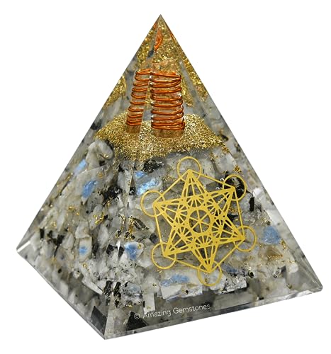 Amazing Gemstone Organite Orgone Pyramid Extra Large 105 MM - Metatron Cube Orgone Energy Pyramid with Rainbow Moonstone Crystals and Healing Stone - Orgonite Pyramids Crystals and Positive Energy - color: Rainbow Moonstone