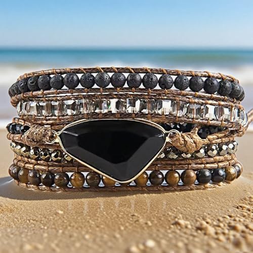 Boho Wrap Bracelet for Women, Handmade Natural Imperial Jasper Multi-Layer Stone Beaded Bracelet, Bohemian Healing Crystal Stone Jewelry Gifts - color: Obsidian