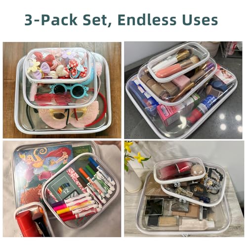 Clear Hard Shell Zipper Cases (3 Packs), Plastic Hard Sided Zippers Pouches Clear Hardshell Pencil Case For Storage, Diaper Bag Organizer Bliss Bins Small/Medium/Large