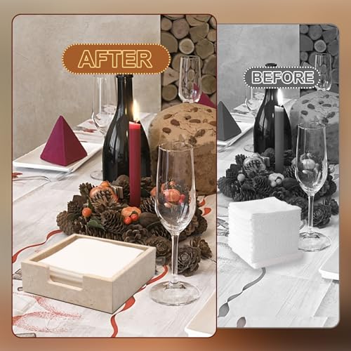 Cocktail Napkin Holder,Travertine Stone Napkin Holders Fit for 5”x5” Cocktail-Sized Napkins,Stone Napkin Holder for Table Kitchen Counter Dining Room Party Bar Decor,Beige - size: 6.3 x 6.3 Inch