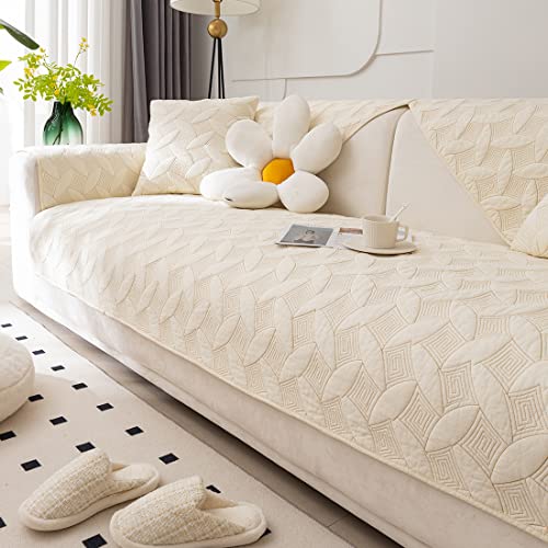 Farmhouse Couch Cover Solid Color Neutral Sofa Cover Soft Cotton Quilted Sectional Couch Covers Non Slip Washable Sofa Slipcover Furniture Protector for Living Room (Ivory C,28"x28") - color: Ivory C, size: 28"x28"/Square