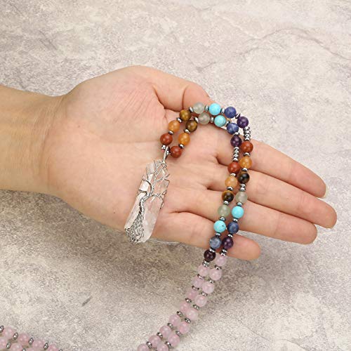 Jovivi Natural 7 Chakras Healing Crystals Necklace Wire Wrapped Clear Quartz Stone Pendant Healing Pointed Reiki Energy Balancing - color: Rose Quartz Crystal