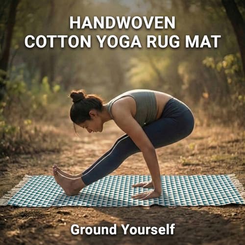 VINYASA Handwoven Cotton Yoga Rug Mat – Naturally Dyed | Absorbent, Washable Yoga Mat/Fitness Rug, Hatha, Pilates & Meditation - Non-Slip Grip | Extra Long & Wide | Trikon Series