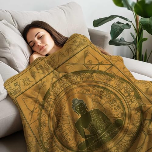 Zen-Inspired Mandala Blanket, Meditating Buddha Design, Golden Earth Tones, Lightweight Throw for Meditation, Yoga, Living Room, Office, and Bedroom, Boho Aesthetic for All Ages, 80"x60" - size: 80"x60"