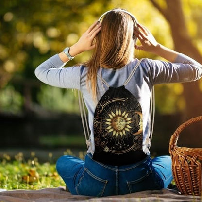 Sun Crescent Moon Stars Astrology Tarot Cards Portable Canvas Drawstring Backpack with Drawstring Pockets 35x50cm - color: Sun Crescent Moon Stars Astrology Tarot Cards, size: 35x50cm