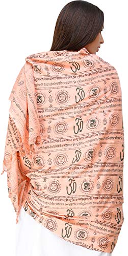 Exotic India Women's Polycotton Prayer Shawl with Printed Om and Gayatri Mantra Stole, Scarves For Pooja, Festive