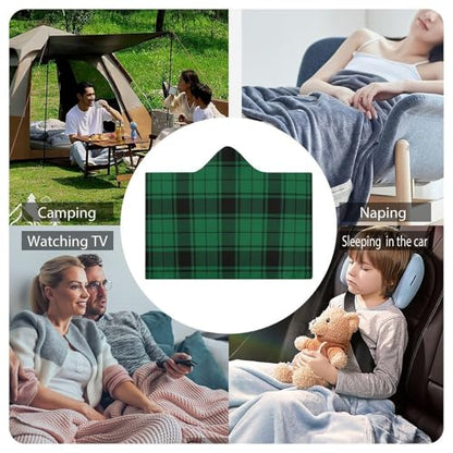 Scottish Tartan Plaid Green Large Size Comfortable Hooded Blanket, Warm Blanket 60"x80" - color: Scottish Tartan Plaid Green, size: 60"x80"