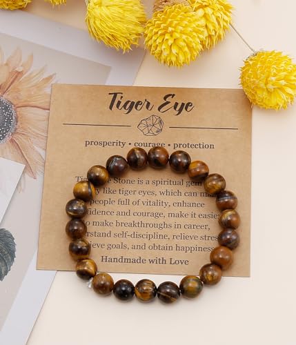 BOMAIL Natural Stone Bracelet for Women Men - 8MM Semi-Precious Gemstone Beaded Bracelet Healing Crystal Stretch Bracelet Yoga Bracelets Jewelry - color: Tiger Eye Stone