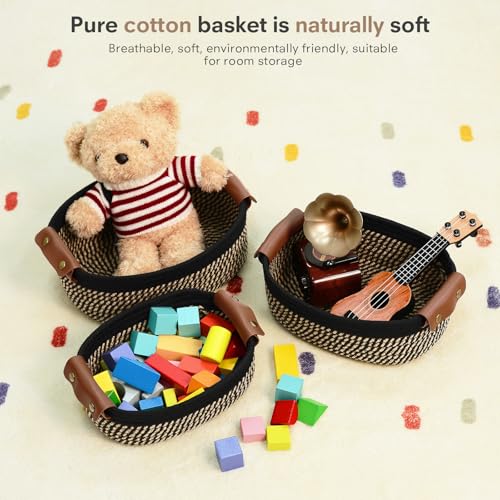 ECDYQXVU 5 Piece Storage Baskets Small Woven Basket with Detachable Leather Handle, Cotton Rope Shelf Baskets for Closet Organizers, Different Sizes Basket Decor, Black Brown