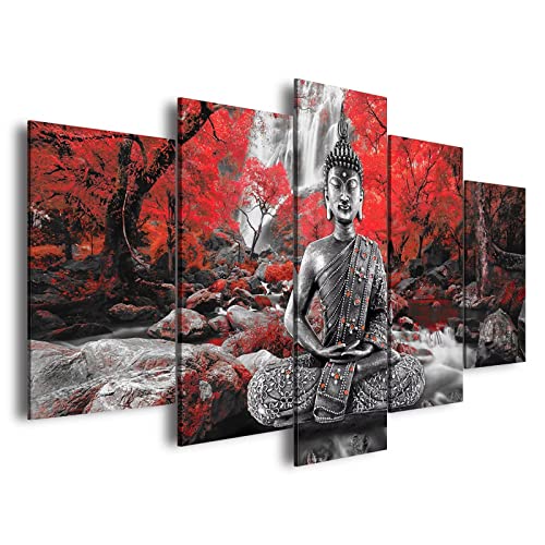 AWLXPHY Decor Buddha Wall Art Canvas Waterfall Painting Framed 5 Panels for Living Room Decoration Modern Landscape Buddha Trees Zen Wall Art Giclee (Red, 60"x30") - color: Red, size: 60"x30"