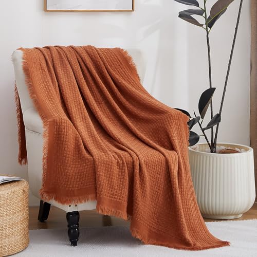 100% Acrylic Decorative Knitted Throw Blanket with Tassels for Bed, Couch, Small, Chairs, Lightweight, Soft, Cozy, Waffle Textured Blanket, Suitable for Spring, Summer, Rust, 50"x60" - color: Terracotta