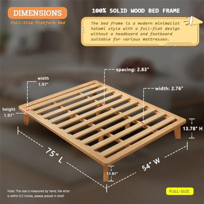 NELYE Full Platform Bed Base - 14 Inch Solid Wood Mattress Foundation with Support Slats and Legs, Full-Size Rubberwood Simple Bed Frame - size: Full