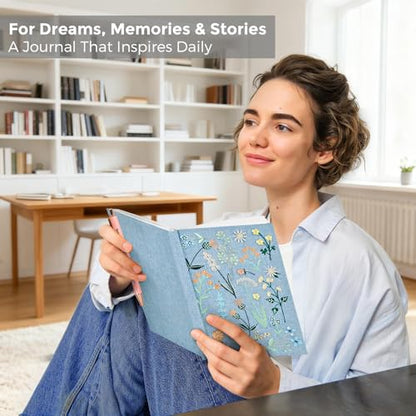 Journal for Women, Embroidered Linen Hardcover Notebook, A5 Journals for Writing & Sketching, Half Blank & Half Lined Journal, Aesthetic Writing Journal with Pen & 200+Stickers, Gift Set for Women - color: Sky Blue