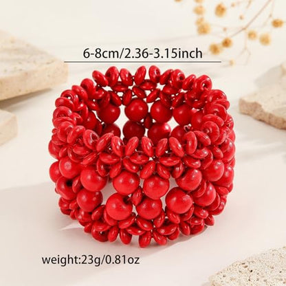Handmade Wooden Bead Bohemian Elastic Stretch Bracelet Colorful Flower Pattern Design for Women Summer Beach Holiday Jewelry Lightweight - color: red