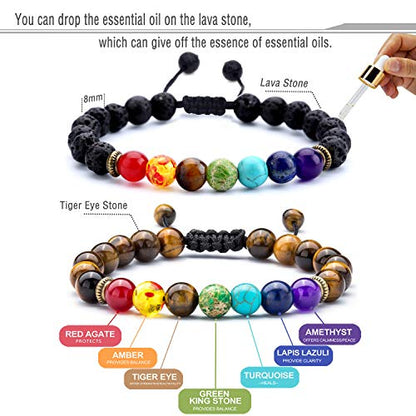 Men Women 8mm Lava Rock Beads Chakra Bracelet Braided Rope Natural Stone Yoga Bracelet Bangle - color: 2 Pcs Set3-21004
