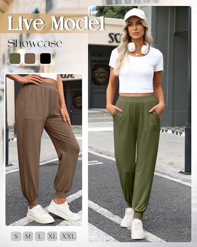 3 Pack Women's Lounge Pants Yoga High Waist Sweatpants Workout Lightweight Casual Joggers Comfy Pajama with Pockets - color: Black, Coffee, Army Green, size: X-Large