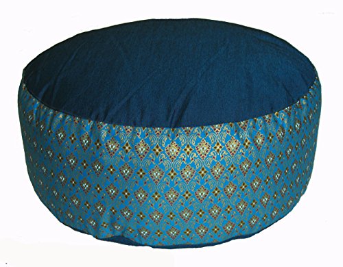 Meditation Cushion Zafu Pillow - Buckwheat and Kapok Fill - Indochine Diamond Teal - color: Indochine Diamond Teal