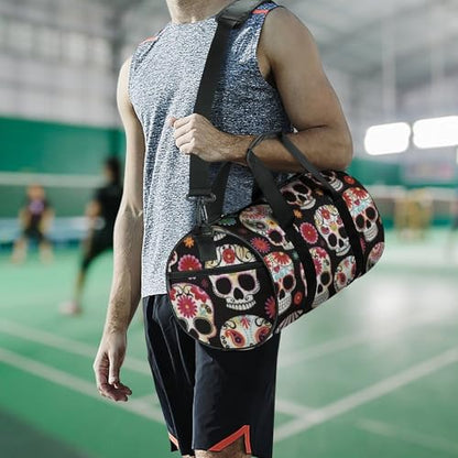 Sugar Skull Art Cylindrical Portable Fitness Bag, Large Capacity Handbag - color: Sugar Skull art