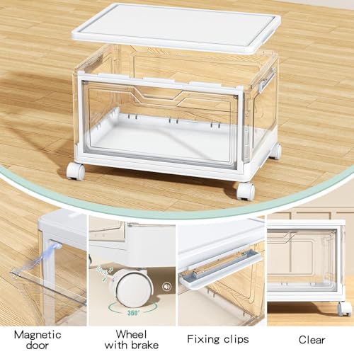 Kmiectse Clear Storage Bins with Lids - 4 Tier Plastic Bins with Wheels, Stackable Storage Bin, Closet Organizers Box for Bedroom, Living Room, 23 QT Folding Box with Magnetic door - size: 23QT-4Pack&1Lid