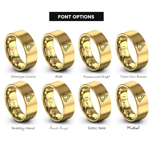 Gift for Yoga Fan - Yoga Meditation Ring - Flat Dome Bevel - Band - Men Women - Brushed Polished - Tungsten - Personalized Custom Engraving - 8mm - Anniversary Wedding - Yellow Rose Gold Silver - color: 15 - Yellow Gold Tungsten
