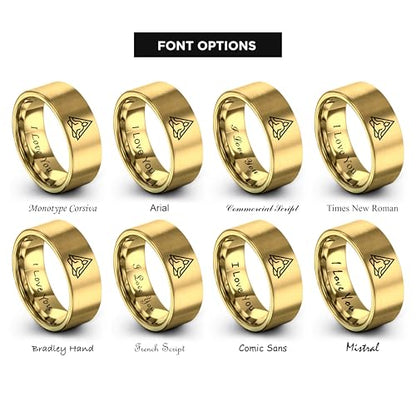 Gift for Yoga Fan - Yoga Meditation Ring - Flat Dome Bevel - Band - Men Women - Brushed Polished - Tungsten - Personalized Custom Engraving - 8mm - Anniversary Wedding - Yellow Rose Gold Silver - color: 15 - Yellow Gold Tungsten