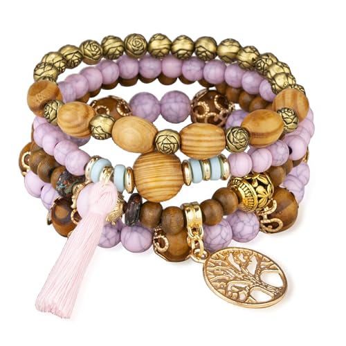 Stackable Stretch Bracelets for Women Tree of Life Bead Bracelet Boho Jewelry - color: 1-Tree-Pink