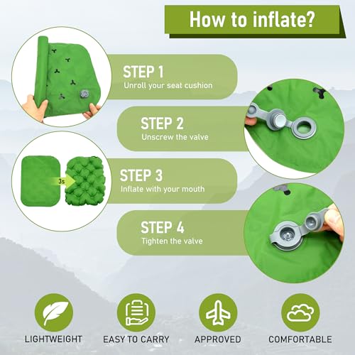 Inflatable Seat Cushion, Lightweight Stadium Seat Pad, Travel Air seat Cushion Anti-Slip for Airplane, Long Flight, Hiking, Climbing, Home and Camping,Green - color: Green