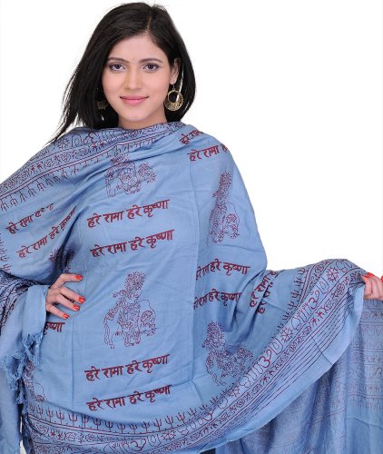 Exotic India Prayer Shawl with Printed Hare Ram Hare Krishna Mantra - PolyCotton - color: Azure