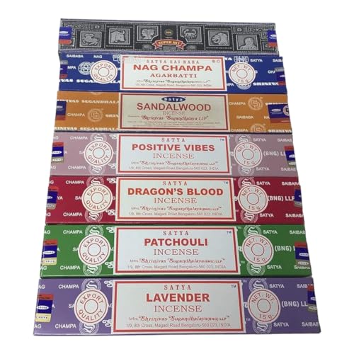 Satya Incense Gift Set Nag Champa, Super hit, Dragon's Blood, Sandalwood, Patchouli, Lavender, Positive Vibes 15gms x 7 Packs | for Meditation, Yoga, Healing, Aromatherapy, Relxation, Spirituality | - color: 7 Pack Set
