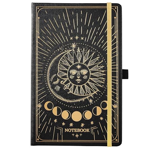 Artfan Ruled Notebook/Journal – Premium Thick Paper Classic Writing Notebook with Pocket + Page Dividers Gifts, Banded, Large, 128 Pages, Hard Cover, Lined (5.3" x 8.26") - Sun and Moon - color: BLACK17