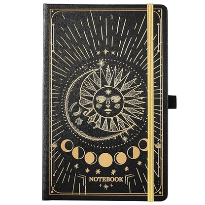 Artfan Ruled Notebook/Journal – Premium Thick Paper Classic Writing Notebook with Pocket + Page Dividers Gifts, Banded, Large, 128 Pages, Hard Cover, Lined (5.3" x 8.26") - Sun and Moon - color: BLACK17