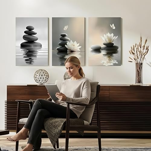 Lotus Wall Art Zen Stones in The Water Bathroom Calming Meditation Butterfly Framed Breathe Spiritual Canvas for Bathroom Living Room Yoga, Set of 3, 16x24 Inch - Ready to Hang - color: Lotus and Stones, size: 16" x 24"x3
