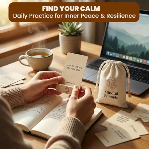 Affirmation Cards, 100 Mindful Prompts with Wooden Display Stand - Daily Affirmations for Inspiration, Mindfulness & Self Care - Unique Affirmation Gifts for Women or Men