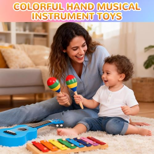 2 Pcs Maracas, 9 Inch Hand Percussion Rattles, Wooden Rumba Shaker Hand Musical Instruments with Clear Rhythm for Music Leraning (Colorful-9 Inch) - color: Colorful-9 Inch