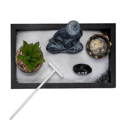 Pacific Giftware Meditation Zen Garden Set with Buddha Statue Artificial Succulent Plant Tea Light Candle Holder White Sand Decorative Wood Display Tray 12" x 3"