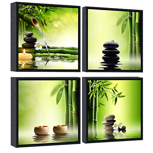 Pyradecor 4 Panels Framed Canvas Wall Art Contemporary Zen Canvas Prints Perfect Bamboo Green Pictures Paintings Artwork for Home Office Decorations - size: 12x12inchx4pcs