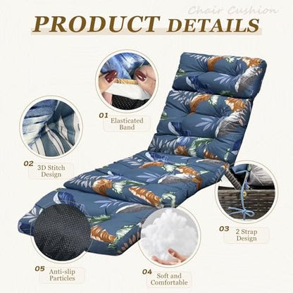 Outdoor Chaise Lounge Chair Cushion 75.1 x 23.6 x 4.7in, Waterproof Replacement Cotton Patio Thickened Pool Lounge Chair Cushion with Ties for Patio Outdoor Furniture, Tropical Night - color: Blue Leaves