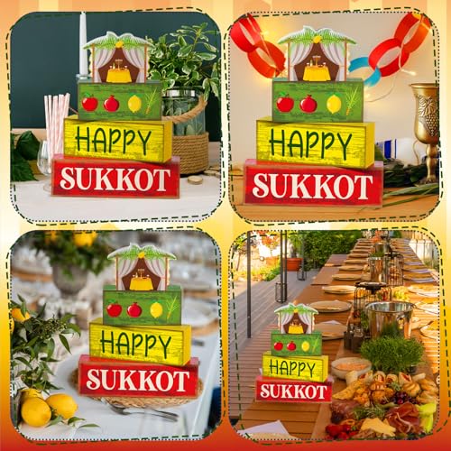 Yuntau 4 Pcs Happy Sukkot Table Decorations Sukkot Centerpieces for Tables Wooden Tabletop Party Decorations Rustic Block Sign for Tiered Tray Shelf Office Jewish Holiday Celebration Supplies - style: Happy Sukkot