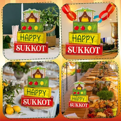 Yuntau 4 Pcs Happy Sukkot Table Decorations Sukkot Centerpieces for Tables Wooden Tabletop Party Decorations Rustic Block Sign for Tiered Tray Shelf Office Jewish Holiday Celebration Supplies - style: Happy Sukkot