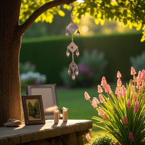 Rustic Metal Wind Chime – Triple Diamond Star Cutouts with Bells – Bronze Outdoor Garden Decor – Wind Chimes for Outside, Porch, Yard, Balcony, Memorial or Garden Gift 19 x 4.5 Inch