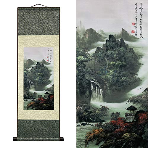 AtfArt Asian Wall Decor - Beautiful Silk Scroll Painting of Waterfall River Landscape - Mountain Spring Autumn Color Oriental Decor Chinese Art Wall Scroll Hanging (36.2 x 12 in) - color: A1