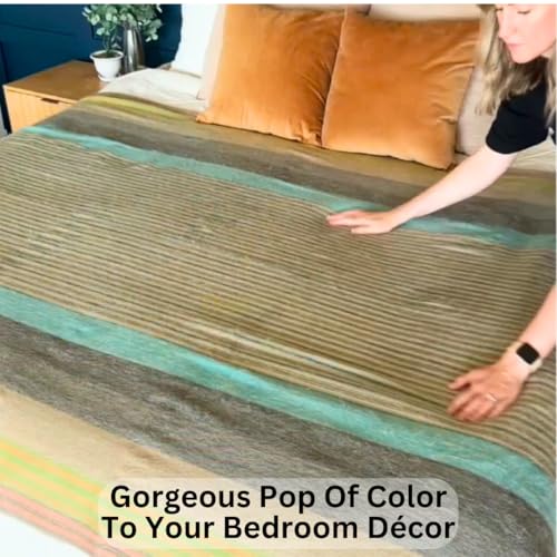 Alpaca Wool Throw Blanket | Super Soft, Lightweight, Breathable and Hypoallergenic | Non-Itchy or Scratchy (Green Gray Varicolored, Striped)