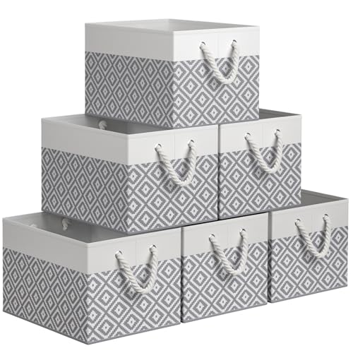 Storage Bins, 6-Pack Large Storage Box with Rope Handles, Collapsible Storage Basket for Organizing Books,Clothes,Rhombic Grey - color: Rhombic Grey, size: 15" x 10" x 9.5" (6 Pack)
