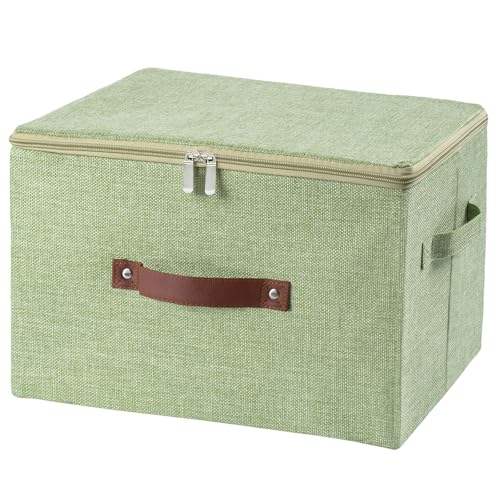 Storage Bins with Zipper Lid Foldable Fabric Lidded Storage Boxes Baskets Cubes Washable Collapsible PU Leather Handle Cotton Linen Fabric Shelf Closet Organizer Container(Green, Large Size) - color: Green, size: Large ( Set of 1 )