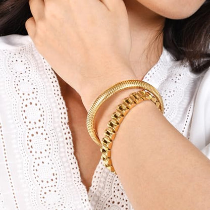 MPRAINBOW 2pcs 18K Gold Plated Chain Link Bracelet, Stainless Steel Crystal Friendship Bracelets Bangle,Watch Band Chains Wristband Jewelry with Adjust Tool - color: Gold Set - M
