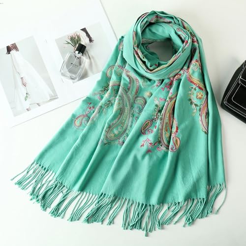 Embroidered Brushed Shawl Paisley Leaves Pattern Scarf Soft Ponchos Wrap Cape With Fringes - color: 08-aqua