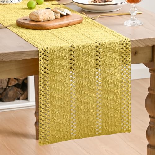 Artoid Mode Yellow Farmhouse Woven Rustic Hollow Table Runner, Seasonal Holiday Hollow Kitchen Dining Table Decoration for Home Party Decor 12x36 Inch - color: Yellow, size: 12" x 36", Table Runner